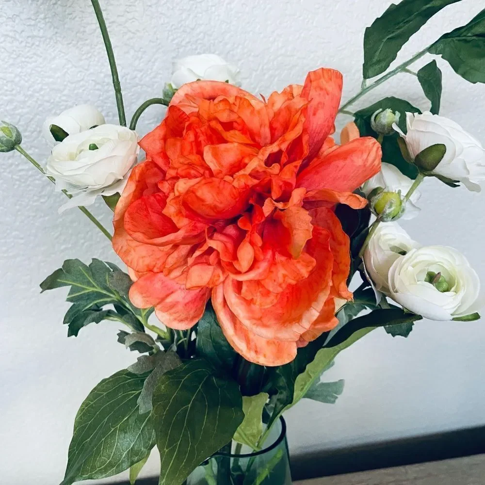 Spring Summer Floral Orange Peony Green Vase Arrangement